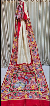 Marble Batik pattern White Bengal Silk Saree With Peacock Pattern Pallu - MIRASILKS Marble Batik pattern White Bengal Silk Saree With Peacock Pattern Pallu